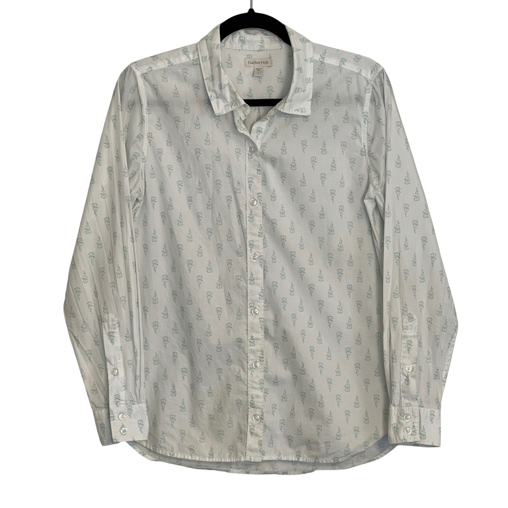 Garnet Hill Organic Pima Cotton Button Down Shirt White Green Botanical Sprig 4